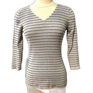 Philosophy Grey & Black Stripe V Neck 3/4 Sleeve Sweater Size Medium